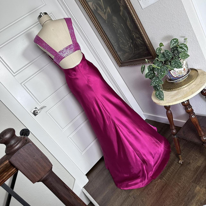 Pretty V Neck Hot Pink Satin Sequin Beaded Long Party Dress Formal Wedding Guest Dress SP996