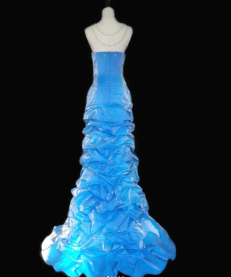 Elegant Blue Satin Pleated Strapless Mermaid Prom Dress Birthday Party Gown SP513