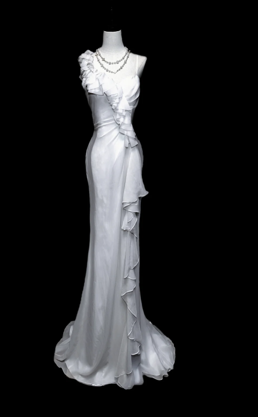 Classy Spaghetti Straps Chiffon Ruffles Mermaid Prom Dress White Backless Party Gown SP509