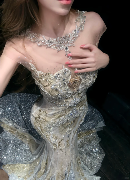 Glitter Tulle Sequin Beaded Mermaid Long Wedding Dress SP4155