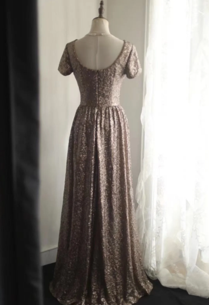 Vintage Crew Neck Sequin Long Prom Dress Evening Gown SP851