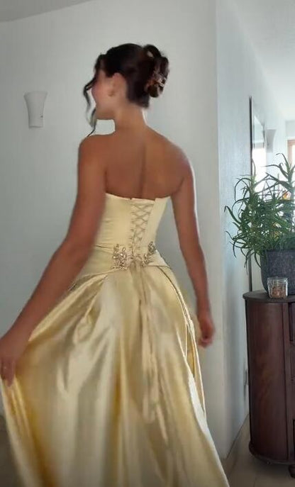 Elegant Yellow Satin Beaded A Line Long Party Dress Prom Gown SP4161