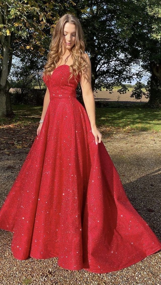 Charming Red Strapless Satin Sequin Long Party Dress Birthday Prom Dresses SP1113
