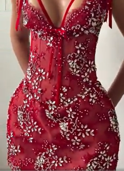 Chic Red Spaghetti Straps Rhinestone Beaded Sleeveless Bow Mini Homecoming Dress Cocktail Dress SP3816