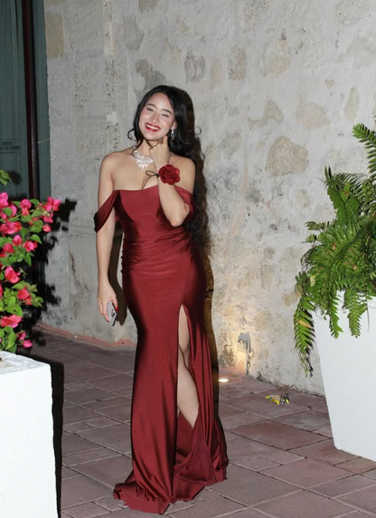Elegant Burgundy Off The Slit Mermaid Evening Dress Formal Prom Dress Y8414