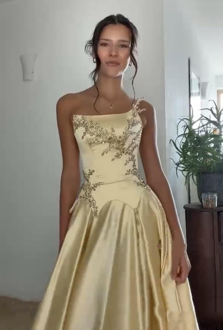 Elegant Yellow Satin Beaded A Line Long Party Dress Prom Gown SP4161