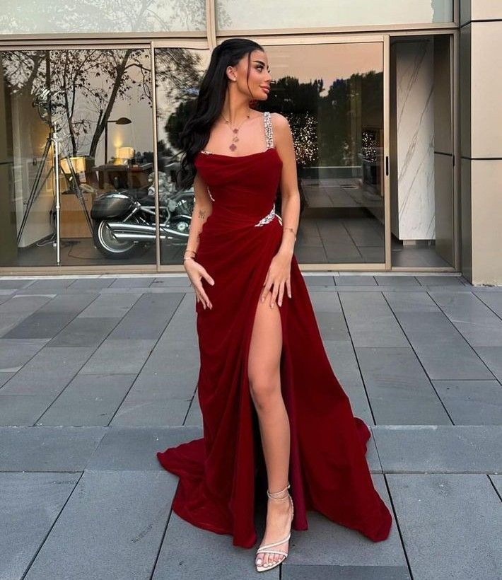 Charming Spaghetti Straps Red Satin Beads Slit Long Prom Dresses Mermaid Evening Dress SP1007