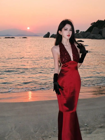 Sexy Halter Sequin Satin Mermaid Long Evening Dress Red Backless Birthday Prom Gowns SP2288