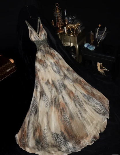 Unique V Neck Chiffon Print Floral Beaded Mermaid Party Dress Long Prom Dresses SP952