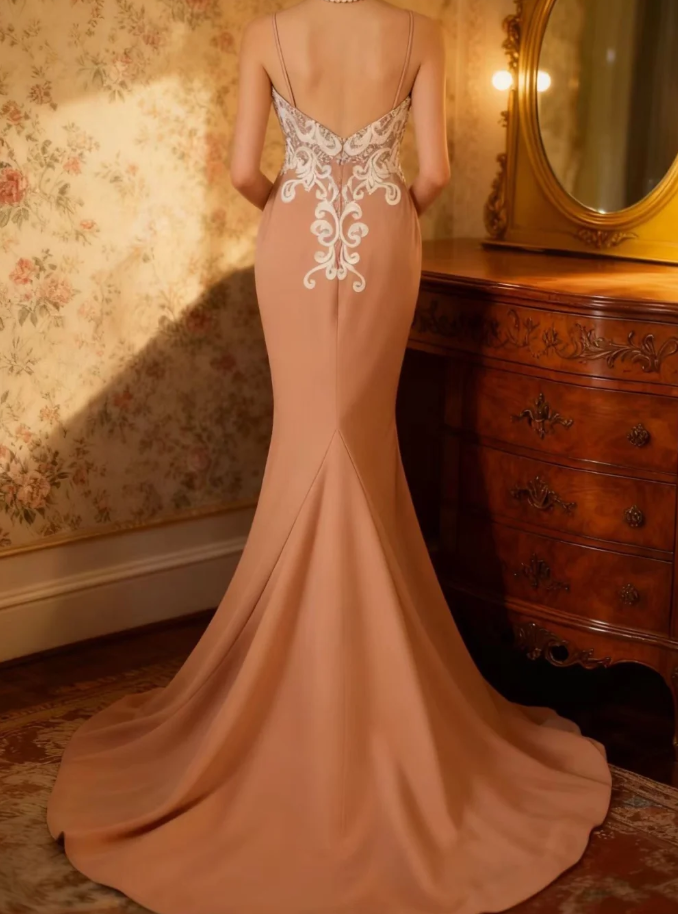 Elegant Spaghetti Straps Satin Lace Appliques Mermaid Wedding Guest Dress Long Evening Dress SP849