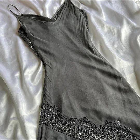 Vintage Spaghetti Straps Grey Chiffon Beaded Mermaid Evening Dress Long Prom Dress Y9739