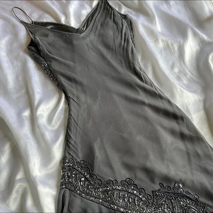 Vintage Spaghetti Straps Grey Chiffon Beaded Mermaid Evening Dress Long Prom Dress Y9739