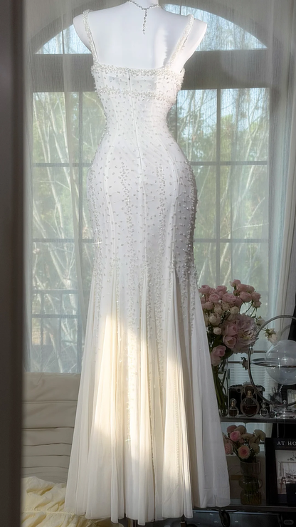 Sparkly Spaghetti Straps V Neck Chiffon Beaded Mermaid Evening Dress White Long Birthday Dress SP2179