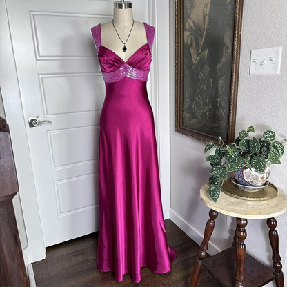 Pretty V Neck Hot Pink Satin Sequin Beaded Long Party Dress Formal Wedding Guest Dress SP996