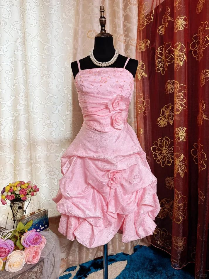 Sweet Spaghetti Straps Satin Pleated Beaded Pink Homecoming Dress Birthday Outfits Y9450