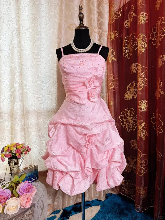 Sweet Spaghetti Straps Satin Pleated Beaded Pink Homecoming Dress Birthday Outfits Y9450