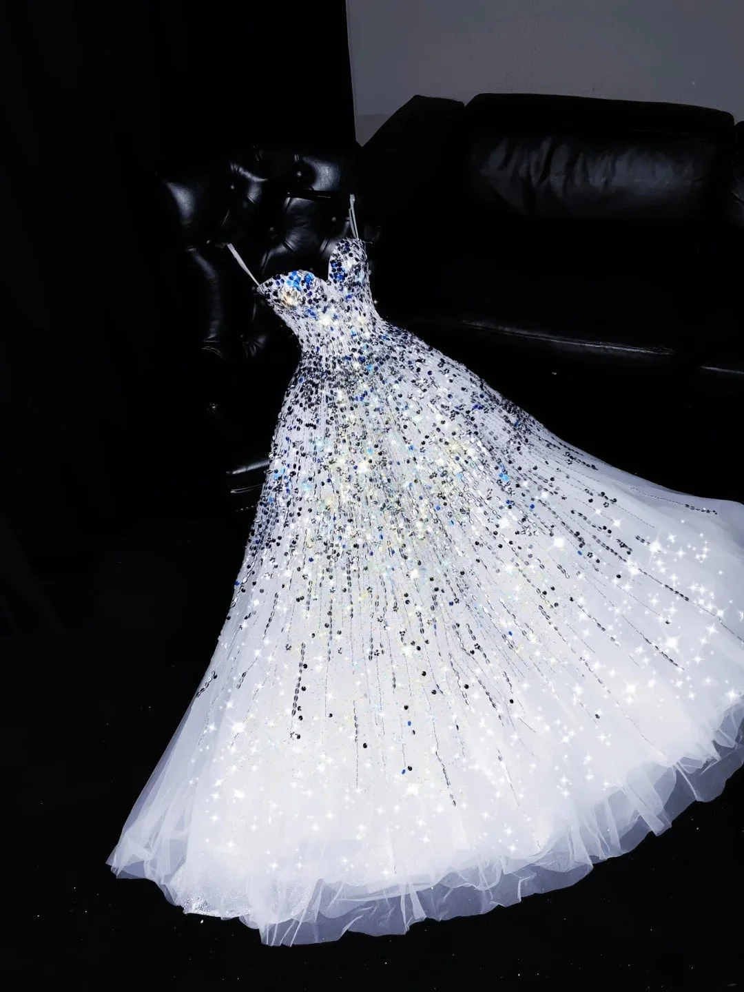 Glitter Strapless White Tulle Sequin Beaded Long Party Dress Evening Dress SP4114