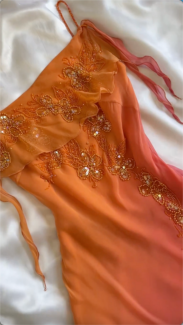 Classy Spaghetti Straps Ombre Orange Chiffon Beaded Prom Dress Evening Gown Y8304