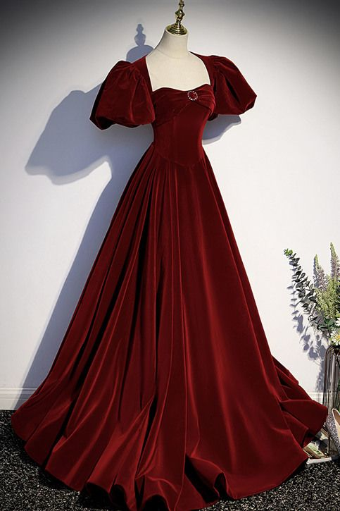 Burgundy velvet long prom dress evening dress Y6348