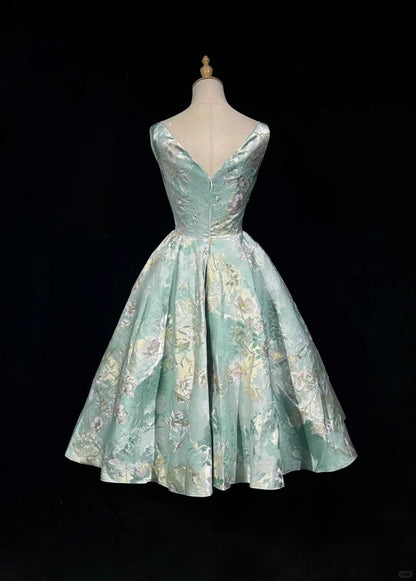 Elegant Sleeveless Light Green Satin Print Floral A Line Short Graduation Homecoming Dress SP2927