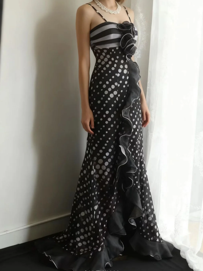 Unique Spaghetti Straps Chiffon Ruffle Mermaid Long Evening Dress Birthday Prom Dresses SP1024