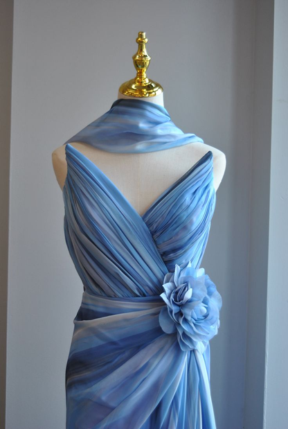 Pretty V Neck Blue Ombre Chiffon Print Floral Pleated Mermaid Evening Dress Long Prom Gown With Ribbon SP461