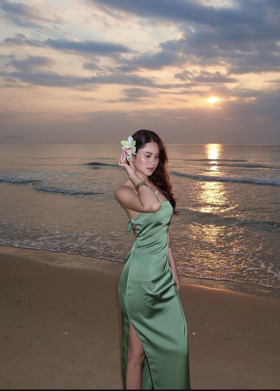 Classy Strapless Satin Green Slit Long Wedding Guest Dress Bridesmaid Dress SP691