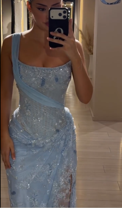 Glamorous One Shoulder Blue Lace High Slit Long Prom Dress Party Dress SP3342