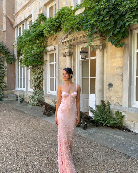 Classy Spaghetti Straps Satin Beaded Appliques Mermaid Party Dress Pink Slit Long Prom Gown SP1036