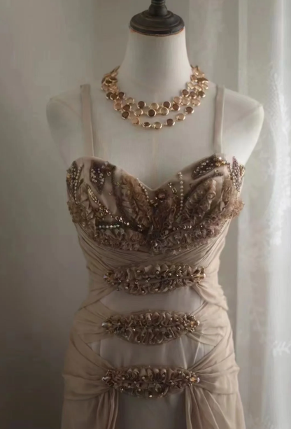 Retro Spaghetti Straps Chiffon Beaded Mermaid Prom Dress Long Evening Dress SP850