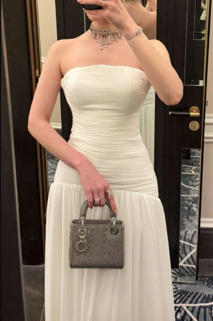 Classy Strapless Chiffon Pleated White Long Evening Dress Formal Wedding Guest SP698