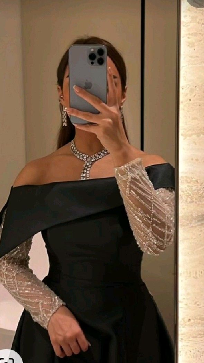 Black A Line Boat Neck Evening Dresses Beads Long Sleeve Floor Length Satin Saudi Arabia Formal Wedding Party Gowns Y4630