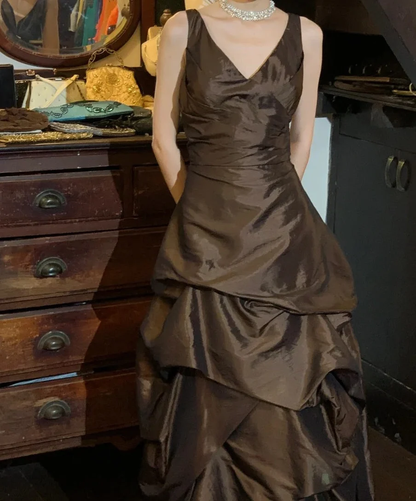 Retro V-neck Pleated Satin Brown Long Prom Dress Evening Dress SP3827