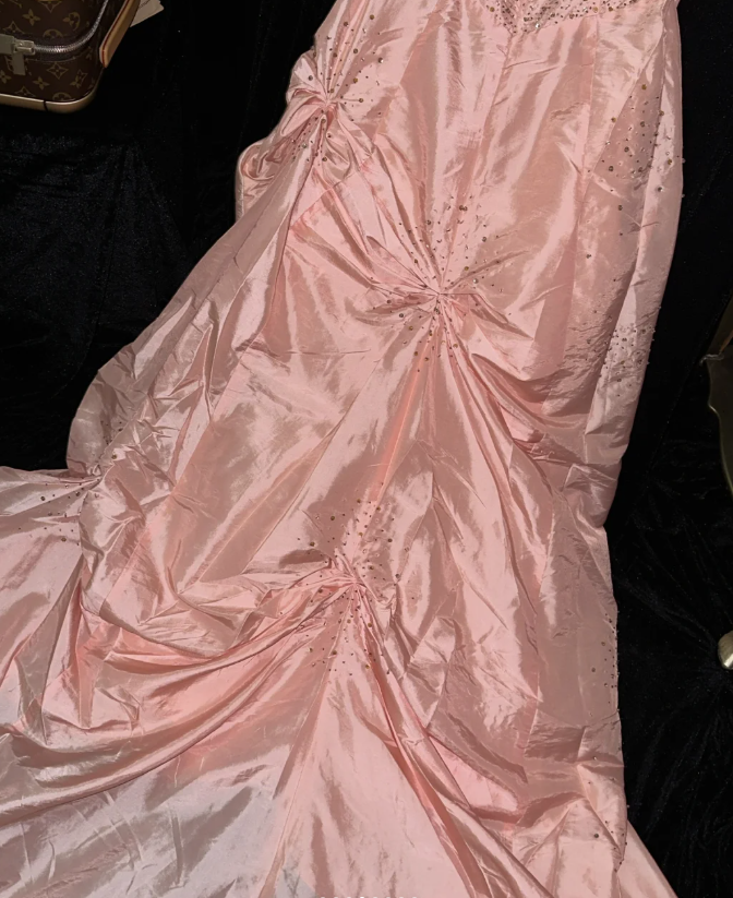 Classy Pink Strapless Satin Beaded Pleated Mermaid Long Party Dress Birthday Prom Gown SP953