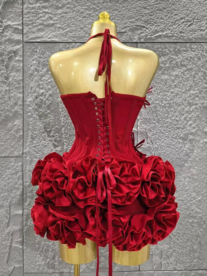 Trendy Red Halter Satin Pleated Sheath Short Graduation Homecoming Dress Cocktail Dress Y9337