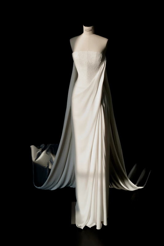 Simple Strapless Satin Lace Sheath Long Prom Dress,White Evening Dress Y8689