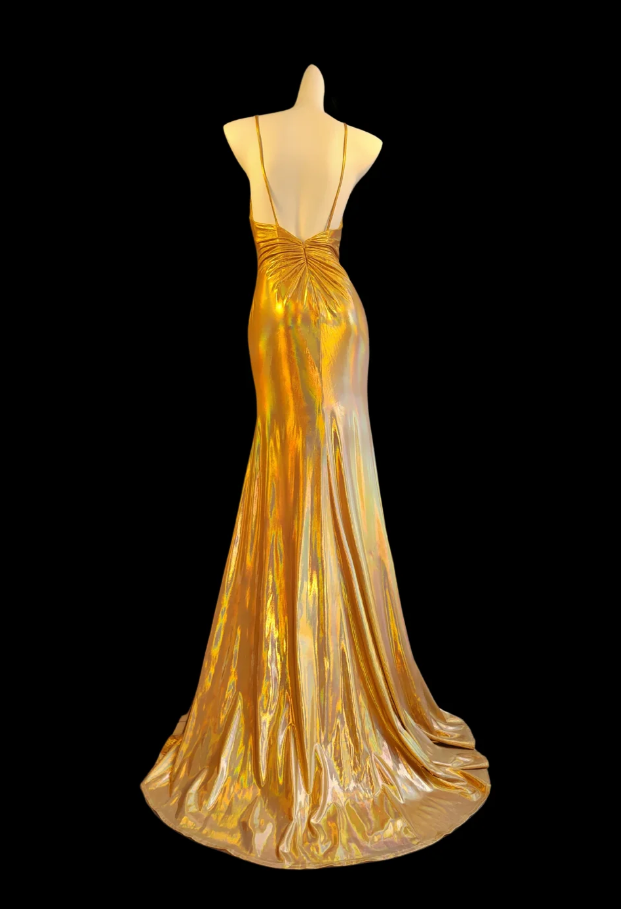 Gorgeous Spaghetti Straps Gold Satin Pleated Mermaid Prom Dress Slit Long Party Gown SP347