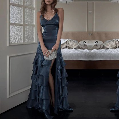 Elegant Navy Blue V Neck Satin Ruffles Layered Mermaid Slit Long Party Dress ,Formal Birthday Prom Dress SP1553