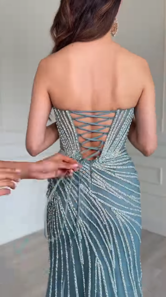 Luxurious Blue Strapless Tulle Beaded Side Slit Mermaid Long Prom Dress Party Gown SP2224