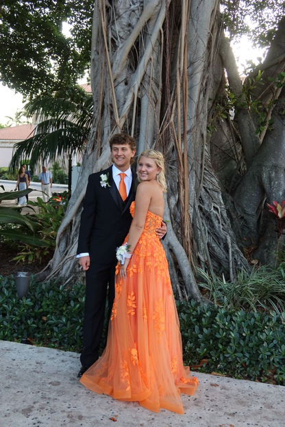Orange Lace Appliques Prom Dress Illusion Sweetheart Strapless Tulle A Line Sweep Train Evening Gowns Graduation Party Y4167