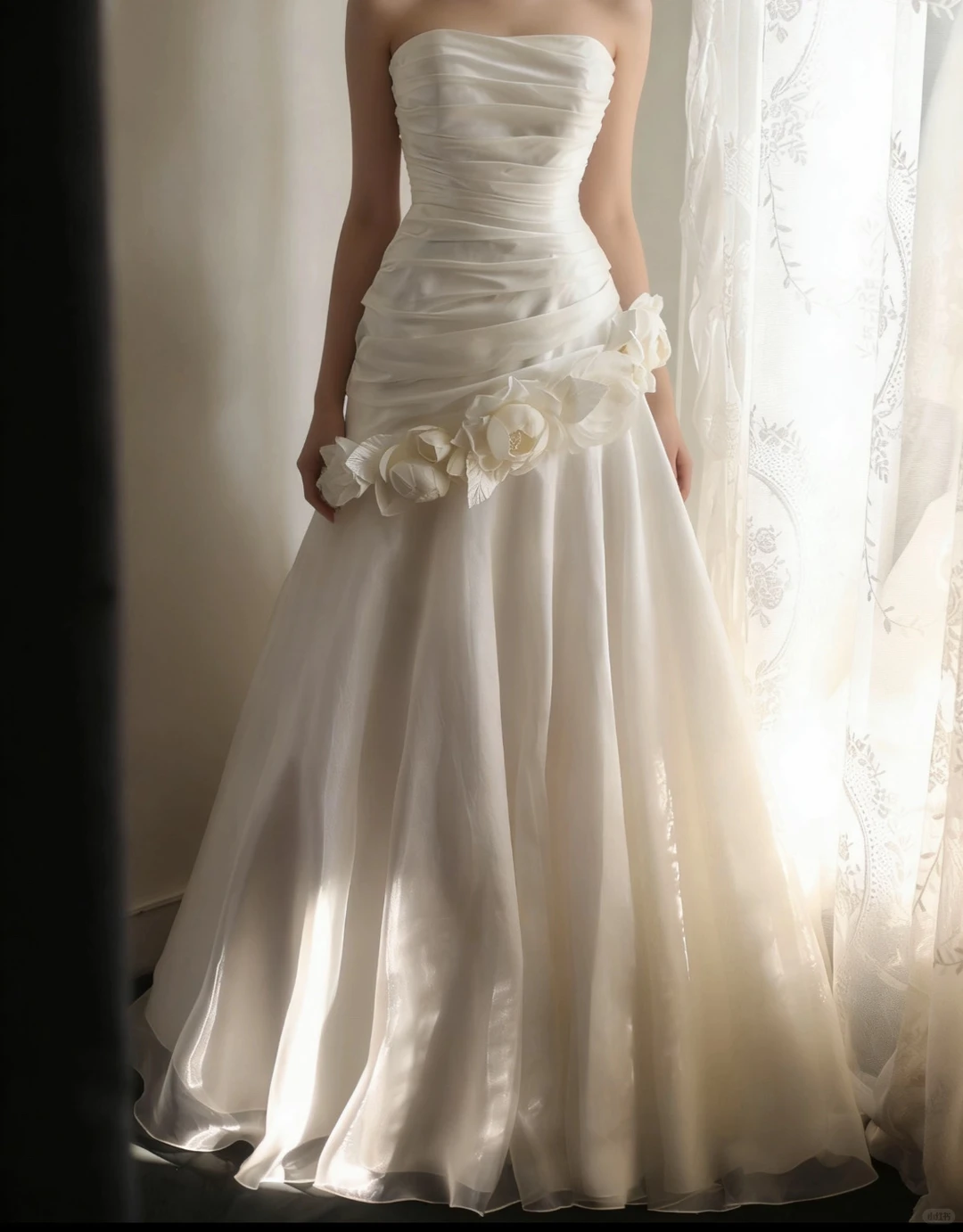 Pretty Strapless Satin Tulle Pleated Mermaid Long Wedding Dress Formal White Bridal Dress With 3D Flowers SP2090