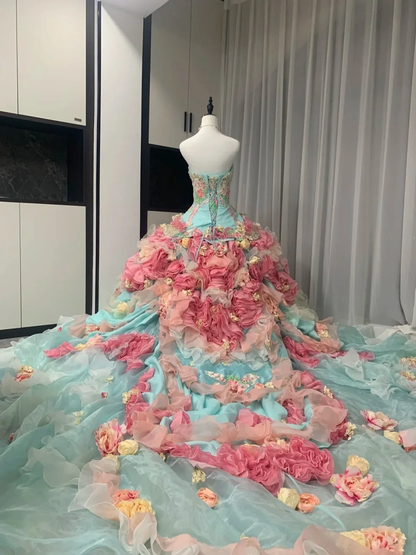 Colorful Ball Gown Strapless Tulle Floral Quinceanera Dress SP3833