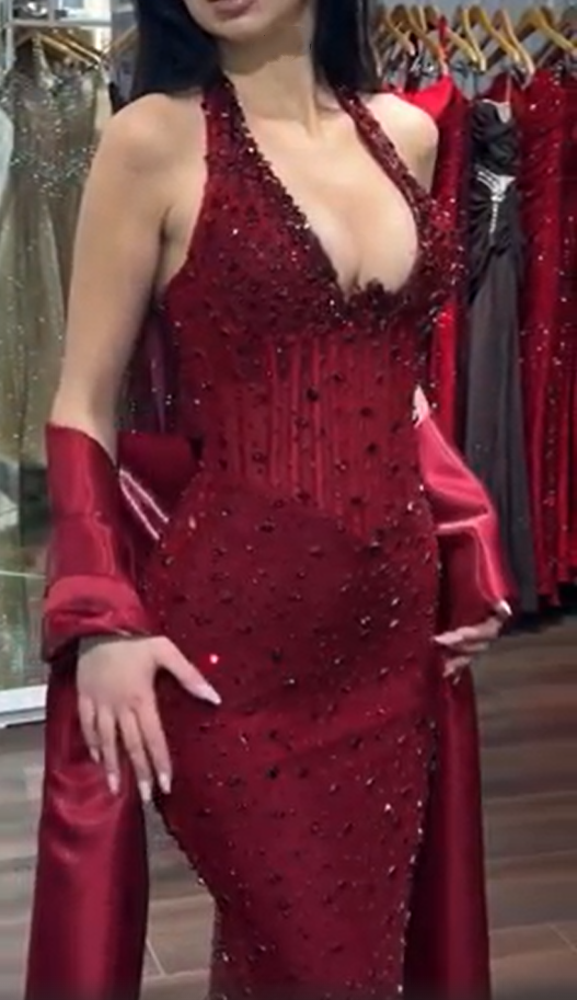 Gorgeous Burgundy Halter Beaded Mermaid Long Party Dress Birthday Dress With Shawl SP2223