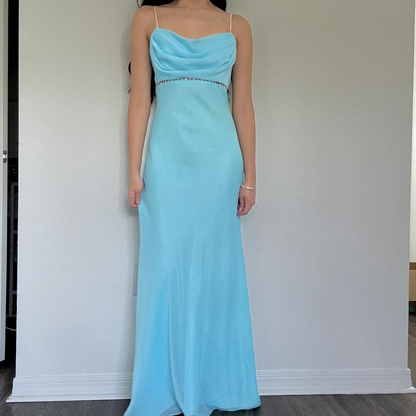 Classy Spaghetti Straps Beaded Satin Chiffon Mermaid Party Dress Long Prom Gowns SP444