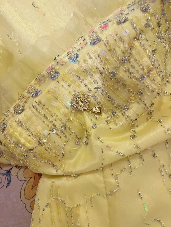 Cute Strapless Yellow Satin Beaded Mermaid Long Party Gown Formal Prom Dress SP410