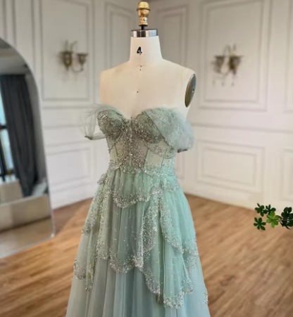 Sage Green A-Line Off The Shoulder Tulle Beaded Evening Dress,Formal Prom Dress Y8157