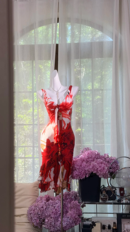 Vintage Red Chiffon Print Floral Sheath Short Homecoming Dress Cocktail Dress SP3797