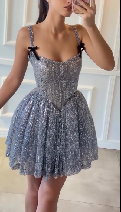 Shiny Spaghetti Straps Blue Tulle Sequin Short Homecoming Dress Birthday Dress SP3678