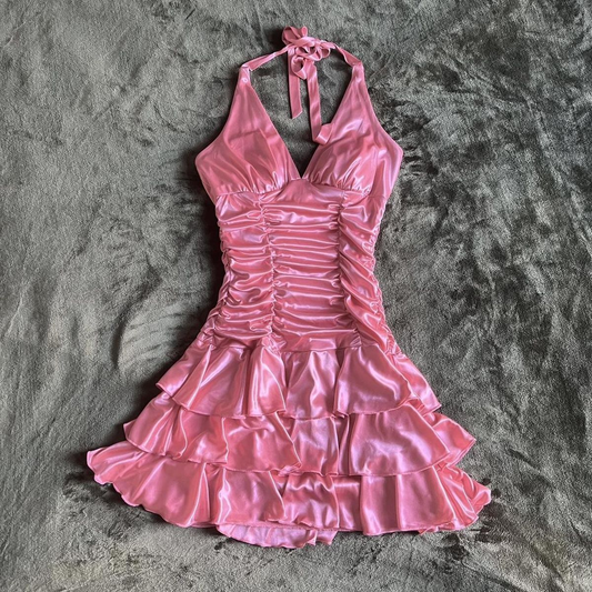 Pretty Pink Satin Pleated A Line Short 6th Grade Homecoming Dress,Halter Short Prom Dress SP3490