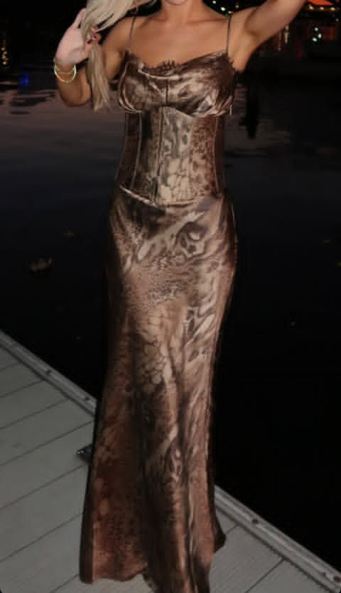 Vintage Spaghetti Straps Brown Satin Print Mermaid Evening Dress Long Prom Gown SP658